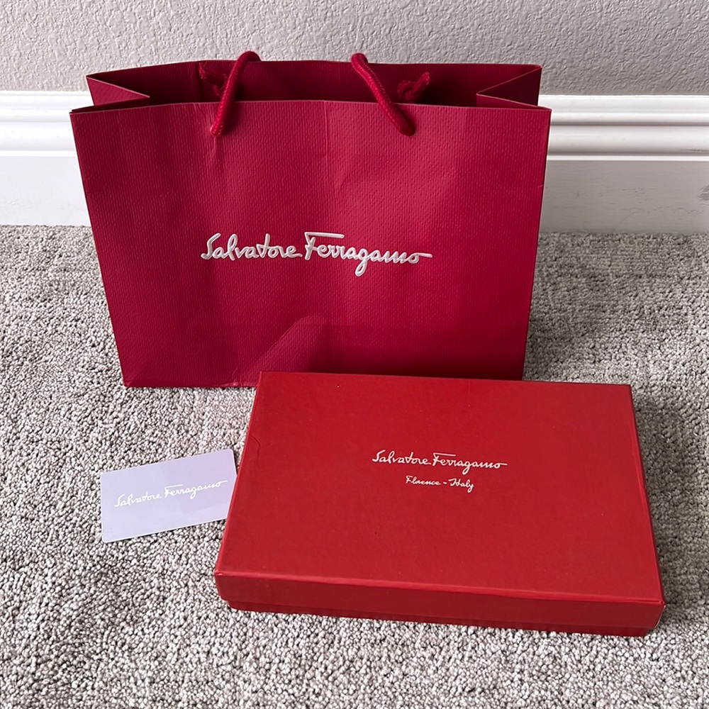 SALVATORE FERRAGAMO paper bag, box, and a card